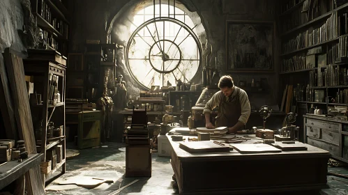 Man Working in a Book Filled Room