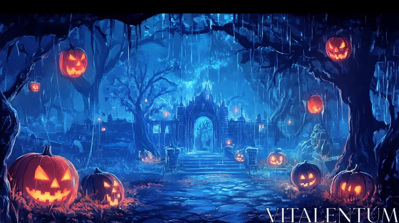 Spooky Castle and Jack-o'-lanterns AI Image