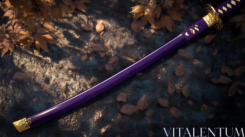 AI ART Purple Katana on a Bed of Leaves