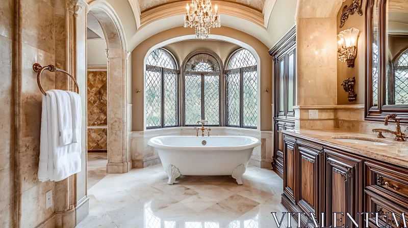 Elegant Bathroom Design with Ornate Wood and Marble Details AI Image