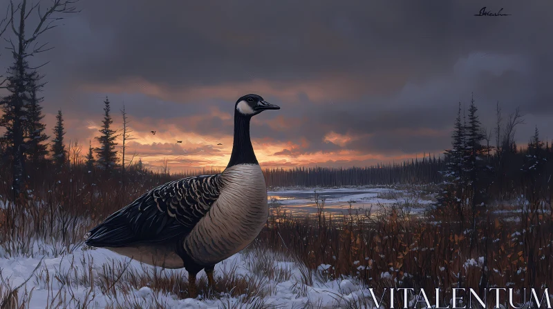 Goose Amidst Snowy Sunset AI Image