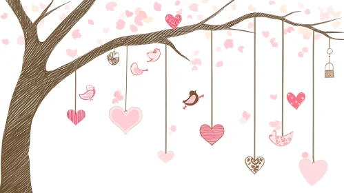 Whimsical Tree with Hearts and Birds