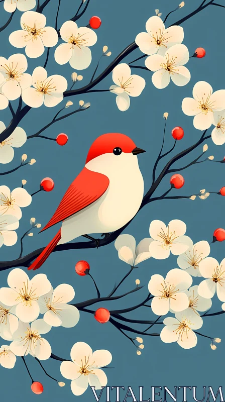 Red Bird Among White Blossoms AI Image