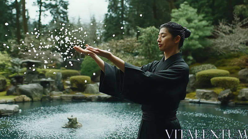 Woman in Garden Releasing Petals AI Image