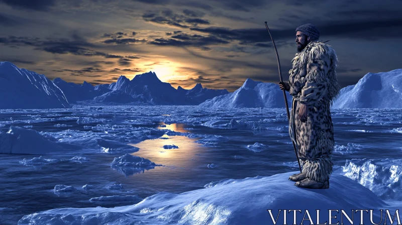 AI ART Winter Solitude: Man on Frozen Land