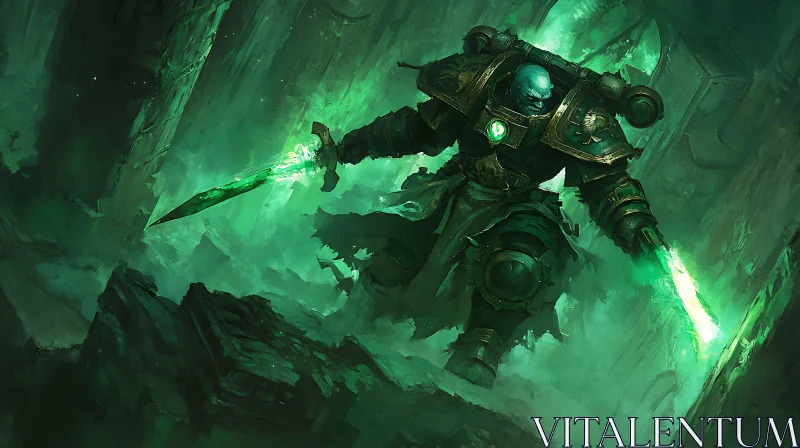 Fantasy Warrior in Green Ambiance AI Image