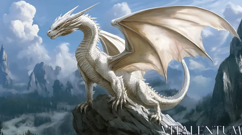 AI ART Fantasy Dragon Art: White Dragon on Mountain