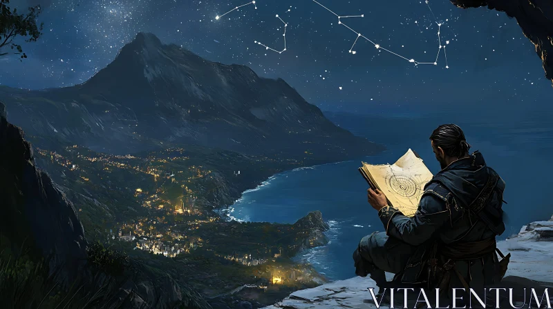 AI ART Man with Map Under Starry Sky