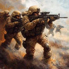 Military Unit Advancing Through Smoke