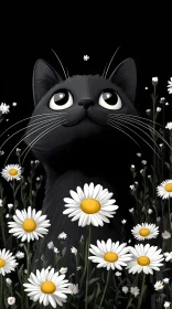 Curious Black Cat Among Flowers