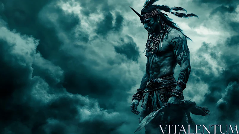 Tribal Warrior Amidst Stormy Skies AI Image