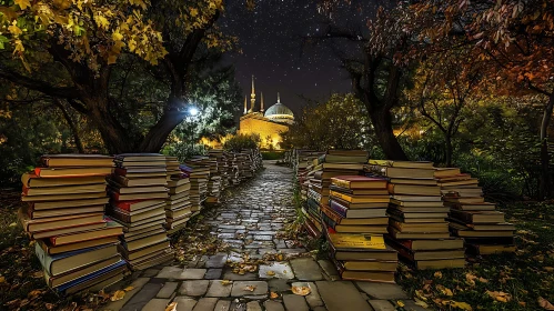 Book Lined Path to Mosque at Night