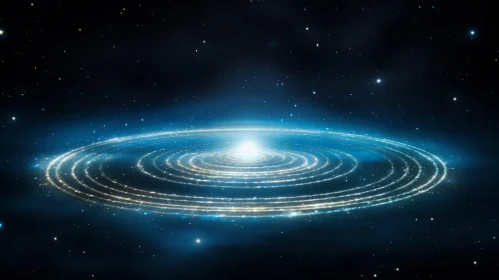Cosmic Landscape with Circular Rings and Blue Light in the Night Sky