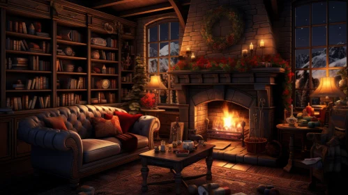 Cozy Christmas Living Room with Fireplace and Bookshelves