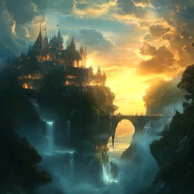 Fantasy Castle Above Waterfalls at Sunset