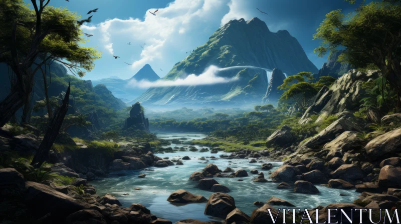 Exotic Nature Landscape: River, Forest, Waterfalls, and Mountains AI Image