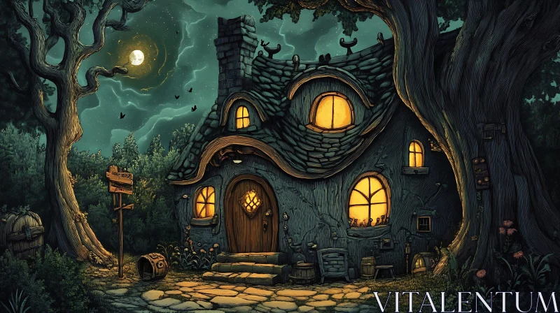 Whimsical Night Cottage AI Image