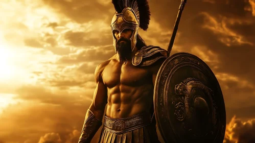 Ancient Warrior with Shield and Spear
