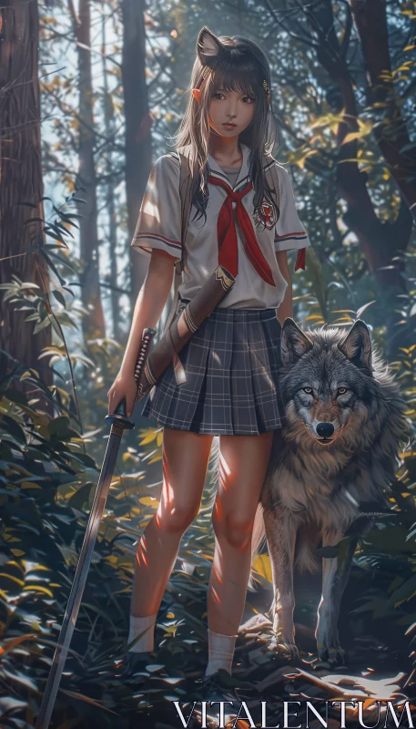 Wolf Girl Protector in the Woods AI Image