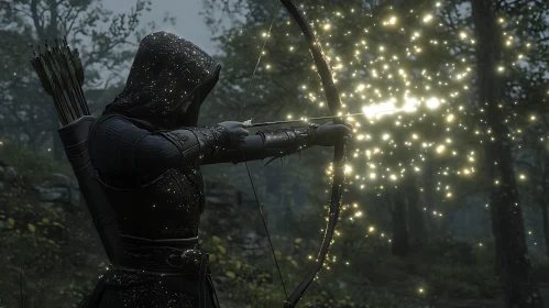 Hooded Archer Aiming Arrow in Forest