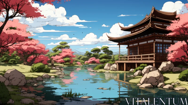 Japanese House Garden Over Mountain River: A Neo-Geo Artwork AI Image