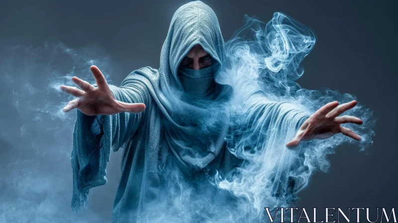 Mysterious Man in Gray Robe with Hood | Enigmatic Atmosphere AI Image
