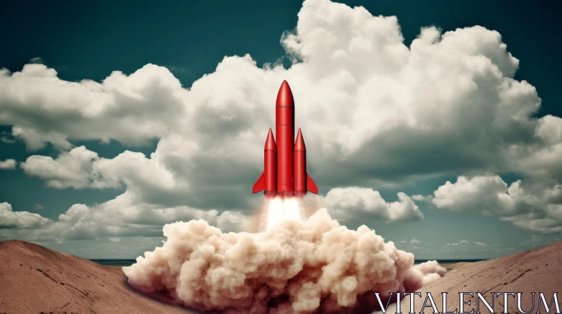Red Rocket Launch: Vintage Imagery and Explosive Pigmentation AI Image