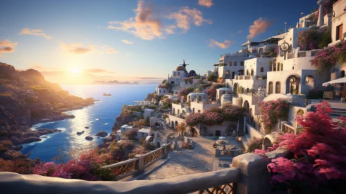 Romantic Coastal Town at Sunset with Blooming Flowers