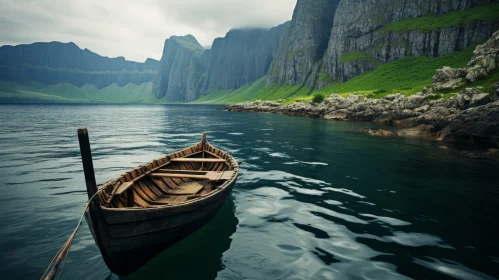 Serene Wooden Boat Amidst Mountain Ridges - A Tale of Norwegian Nature