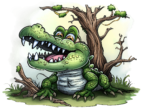 Smiling Alligator with Large Tree on Transparent Background