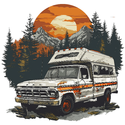 Vintage Retro Van in Forest at Sunset - Ideal for Merchandise POD Design