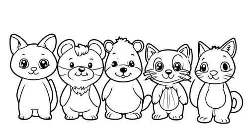Cute Cartoon Animal Characters in Black and White