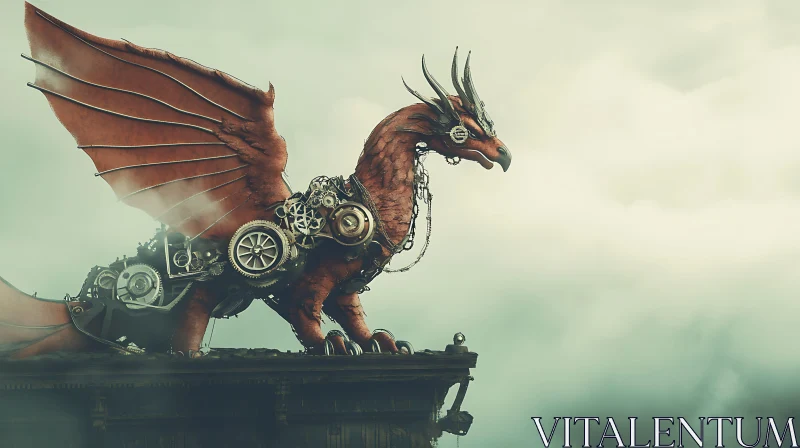 AI ART Mechanical Dragon Perched on Building