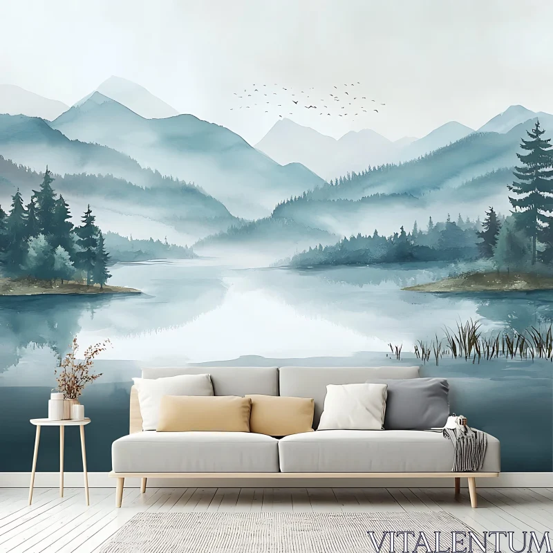 Tranquil Nature Scene with Misty Mountains AI Image