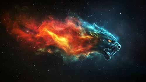 Roaring Lion in Space with Fiery and Blue Mane