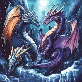 Mystical Dragons Gathering Under the Moon