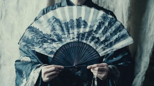 Person holding a fan with landscape art