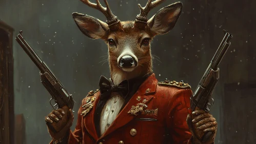 Anthropomorphic Deer with Pistols in a Surreal Red Jacket