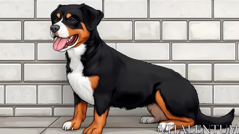 Illustrated Dog Against Brick Wall AI Image