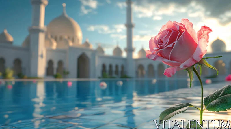 Pink Rose with Mosque Backdrop AI Image