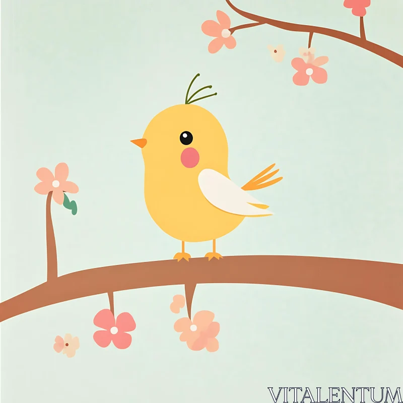 AI ART Cute Bird on Branch Illustration