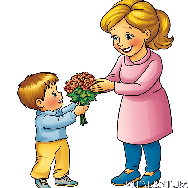 AI ART Cartoon Illustration: Boy Giving Flowers to Mother