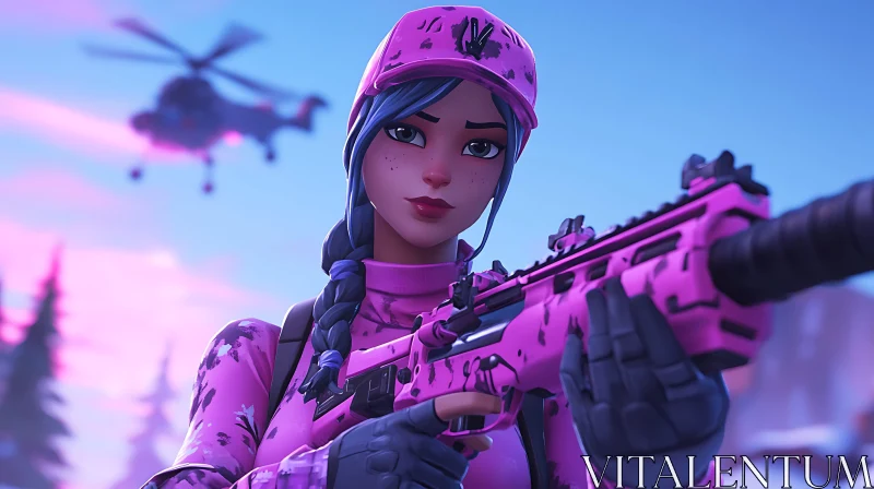 Female Character Holding Pink Weapon AI Image