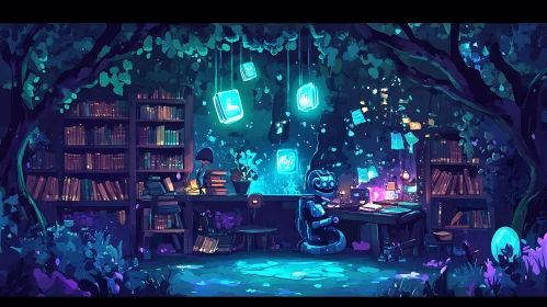 Neon Lit Library with Robot