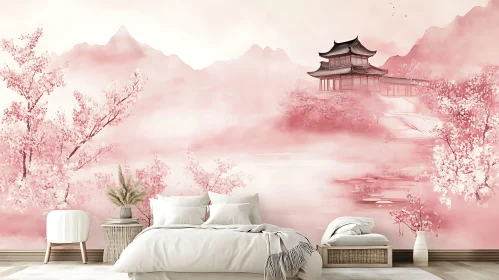 Oriental Pink Landscape with Temple