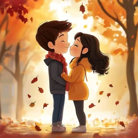 Cartoon Couple in Autumn Embrace