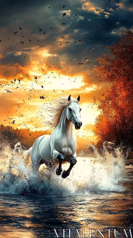 Galloping Horse in a Sunset River AI Image