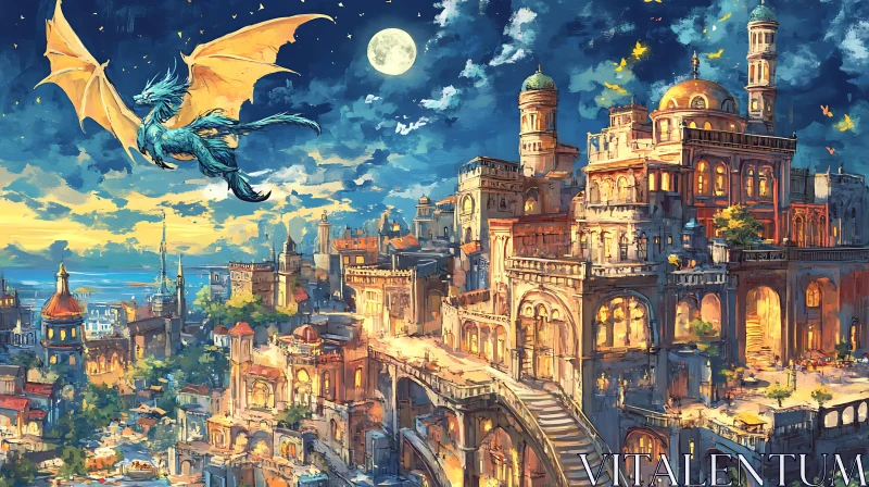 AI ART Dragon's Night Flight Over the City