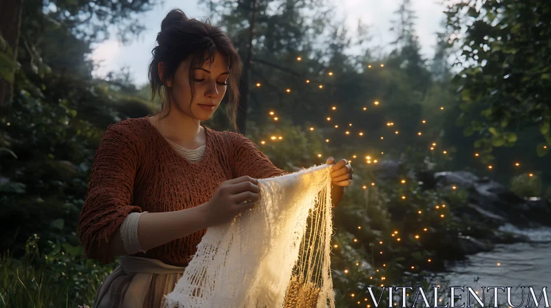 AI ART Woman Knitting by Stream with Fairy Lights