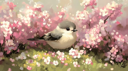 Bird in Cherry Blossom Field